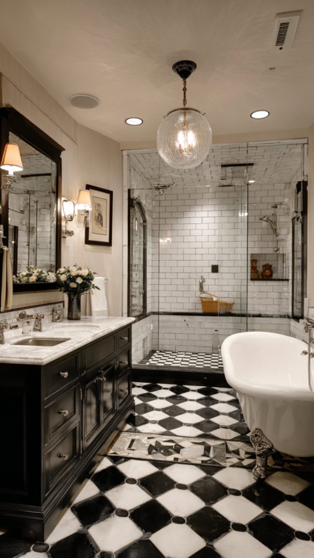 6. Black and White Tiled Bathroom with Graphic Contrast