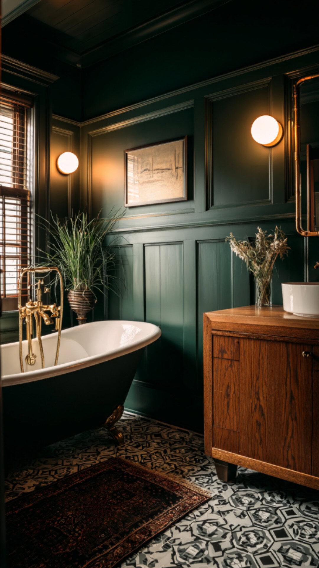 7. Dark Green Wainscoting Bathroom for a Moody Atmosphere