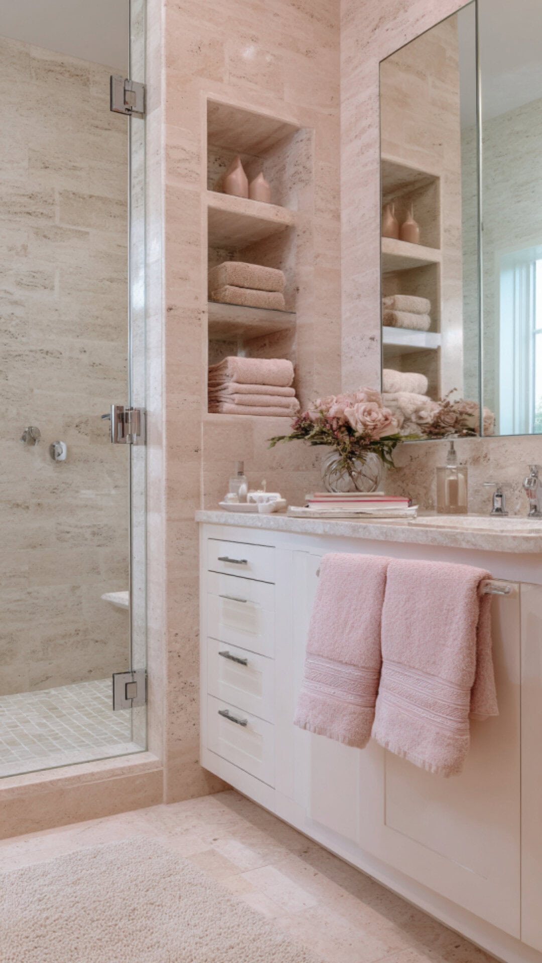 7. Pink Accented Travertine Bathroom