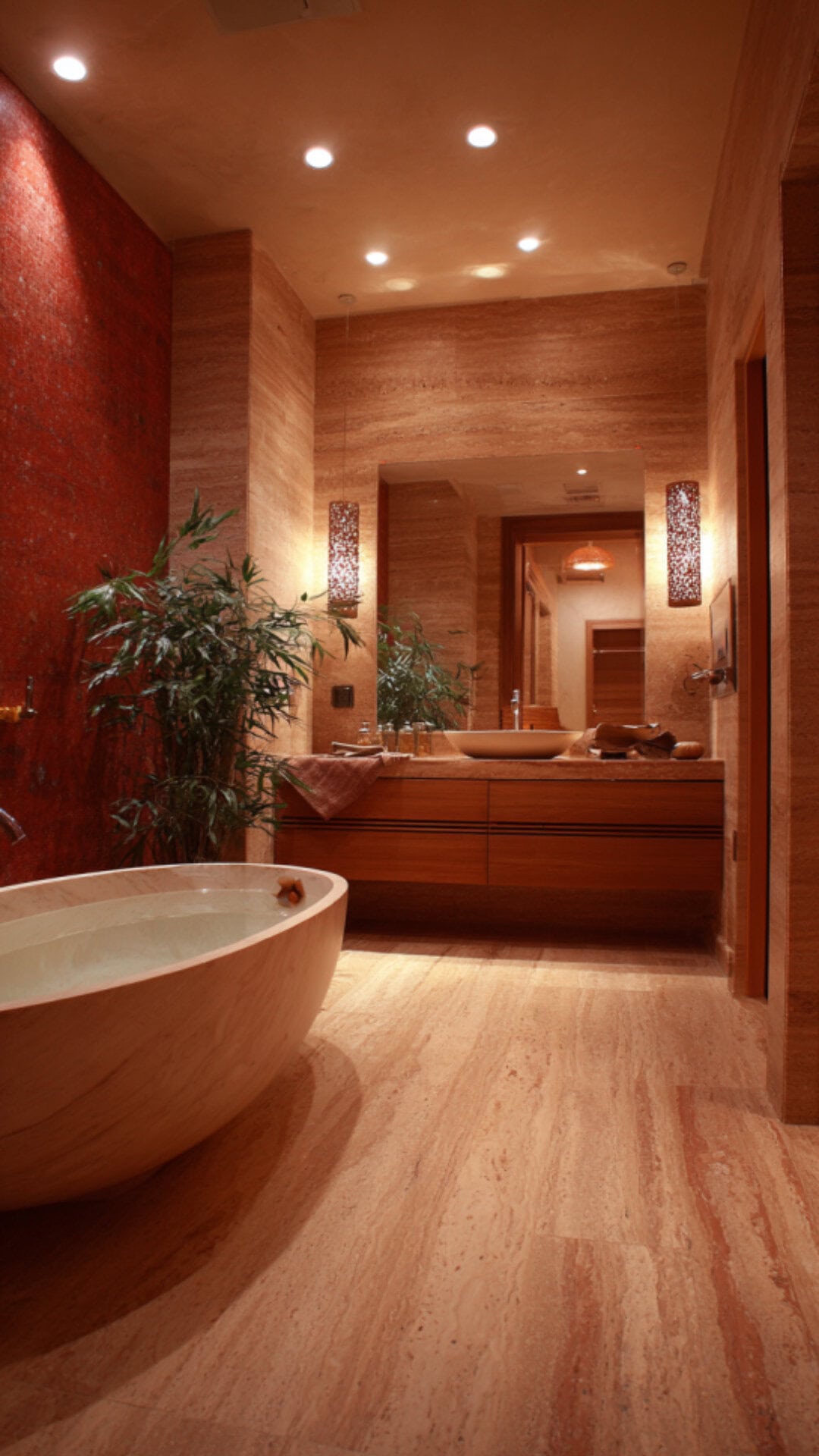 7. Red Travertine Bathroom for Natural Elegance