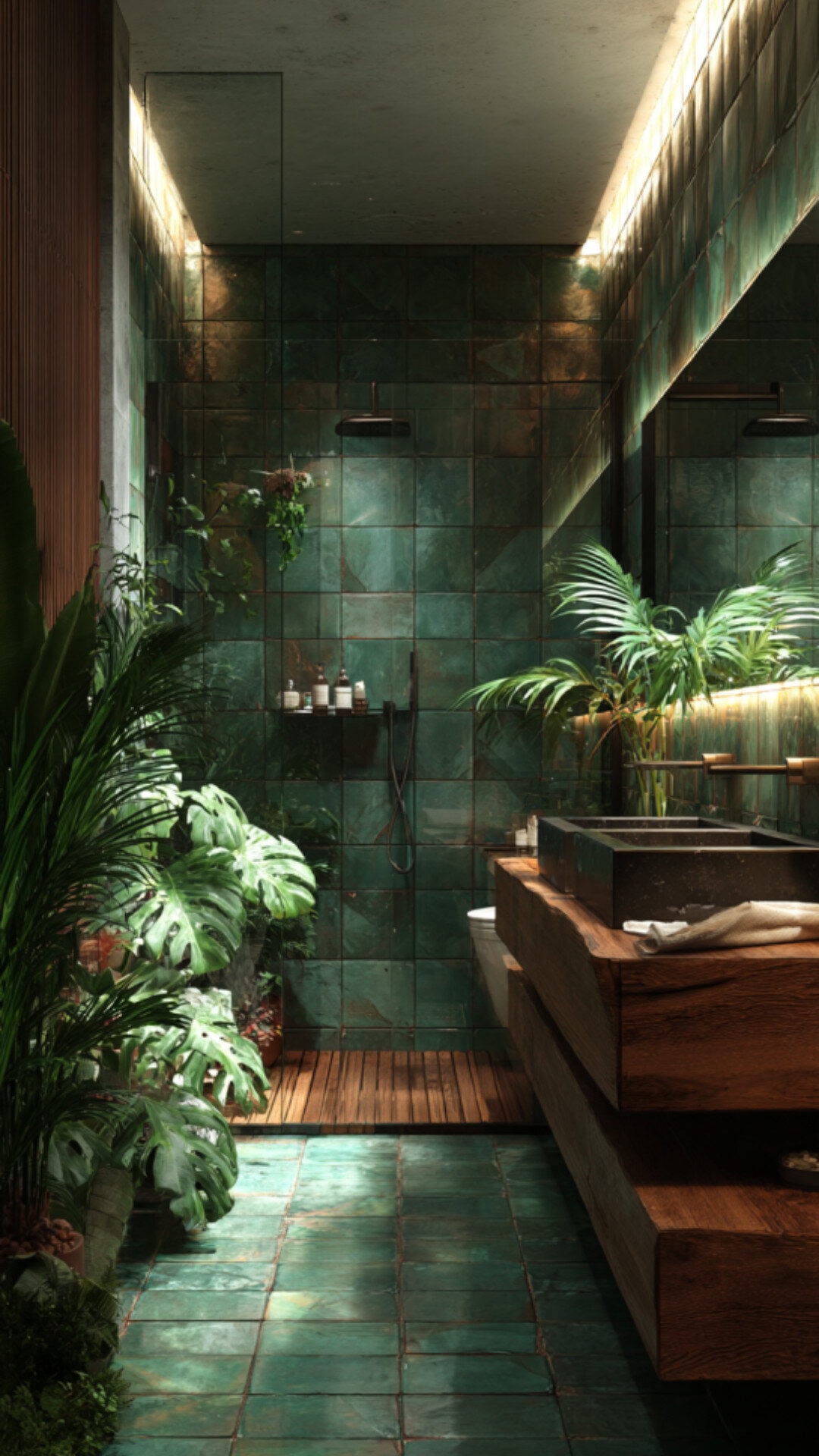 7. Green Bathroom with Plants for a Forest-Like Vibe