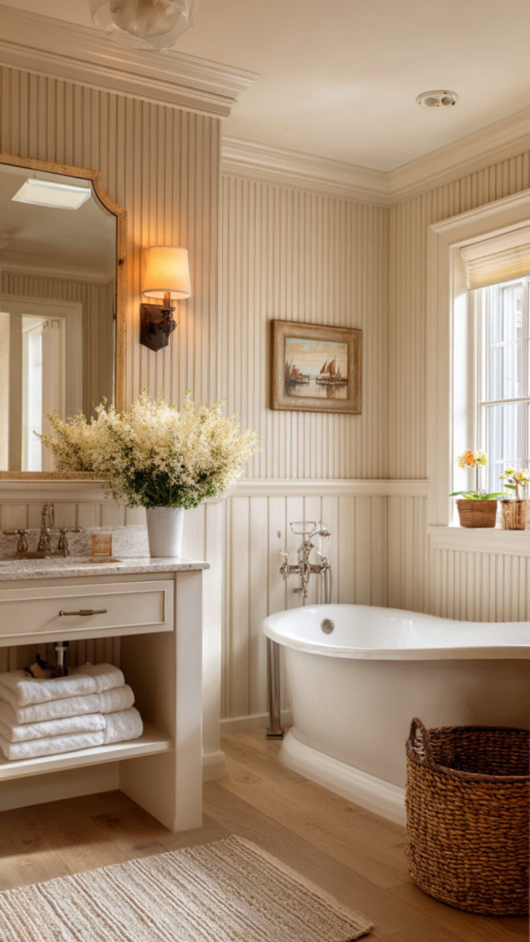 7. Beige Beadboard Bathroom for Warm Neutral Style