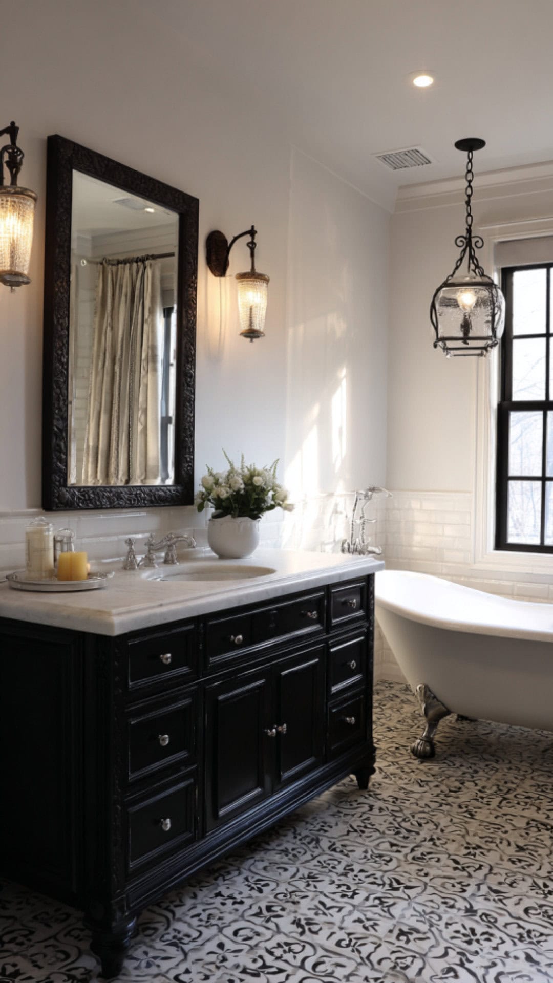 7. Black and White French Country Bathroom with Bold Contrast