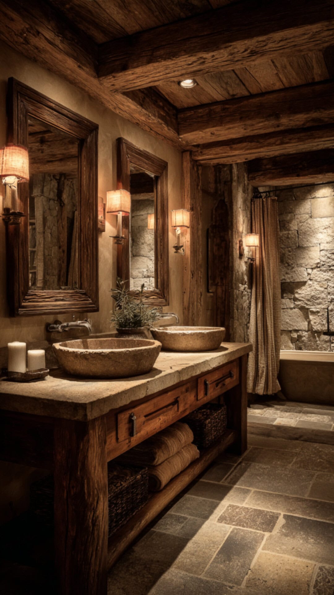7. Rustic Double Sink Vanity Bathroom with Natural Charm