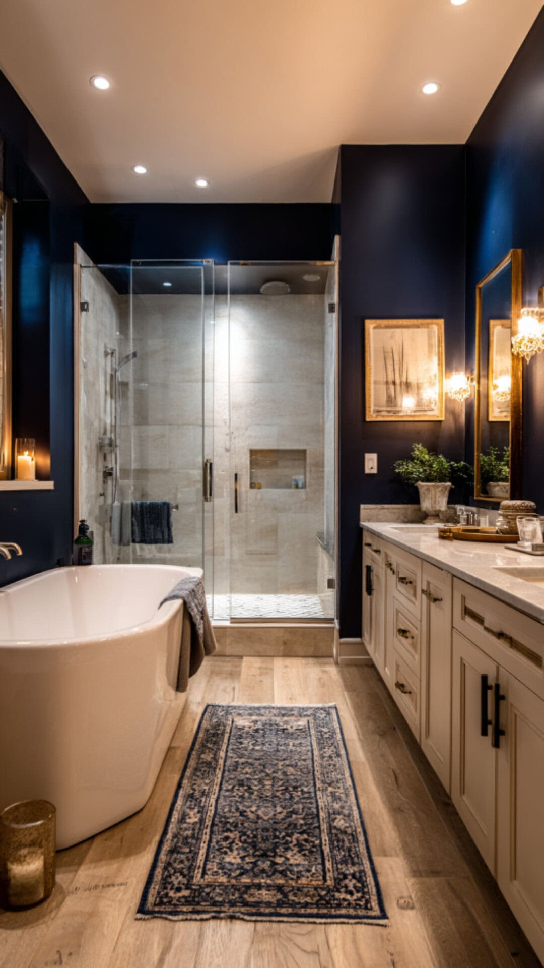 7. Navy Blue and Beige Bathroom with Warm Neutral Tones