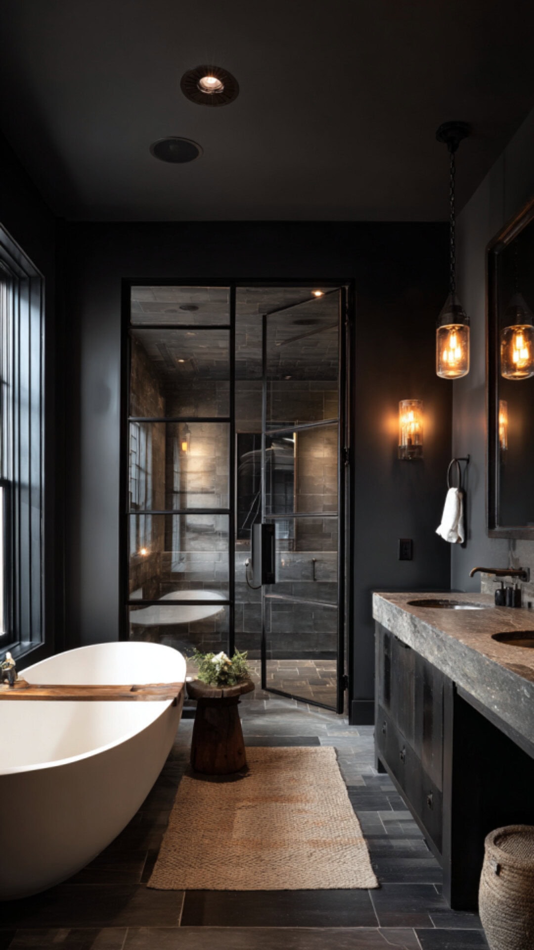 7. Black Industrial Bathroom with Strong Contrast