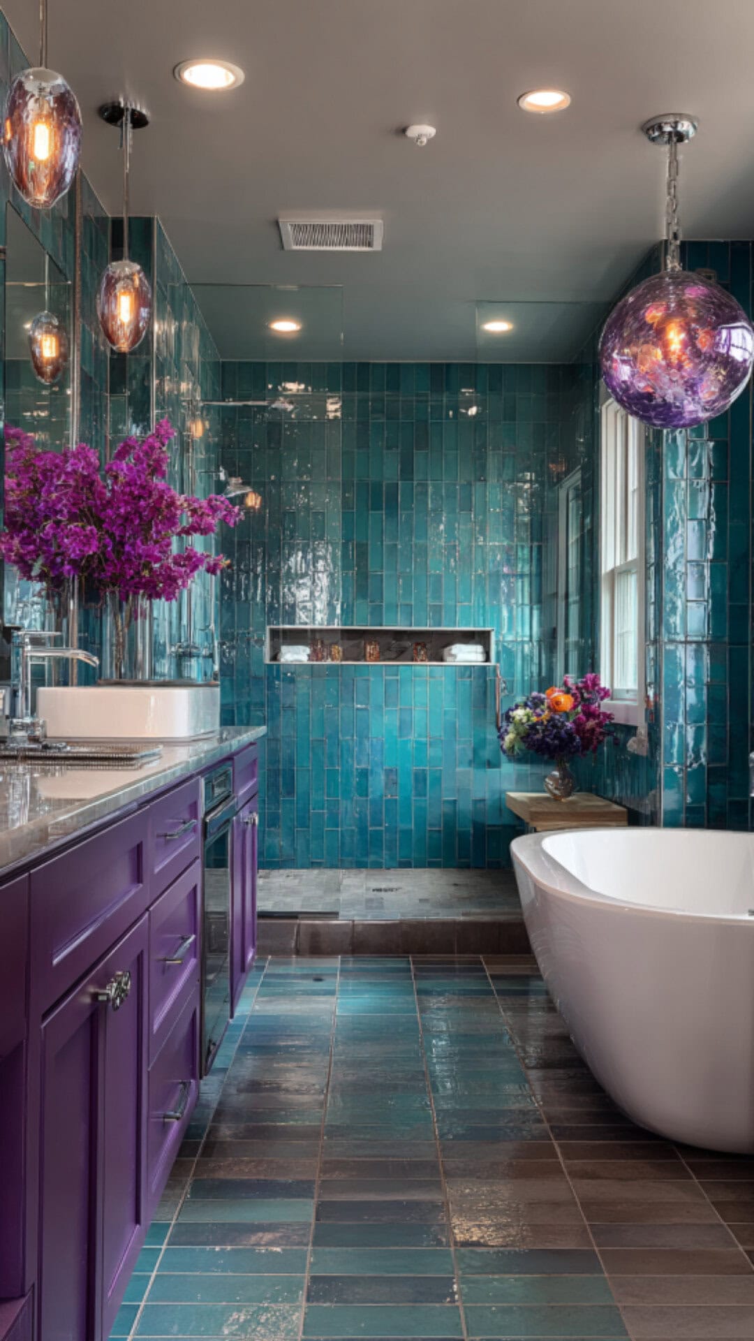 7. Teal and Purple Bathroom with Bold Energy