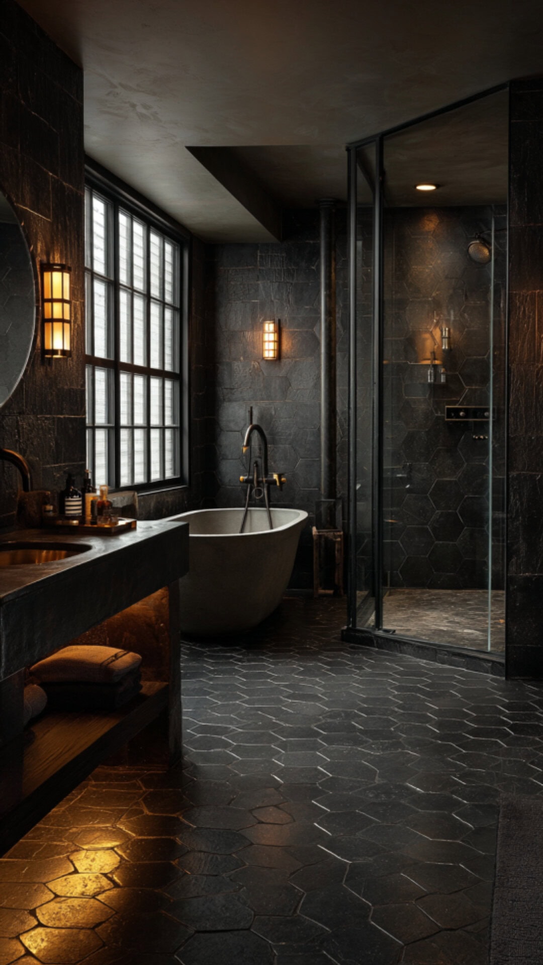 7. Dark Hexagon Tile Bathroom with Moody Ambiance