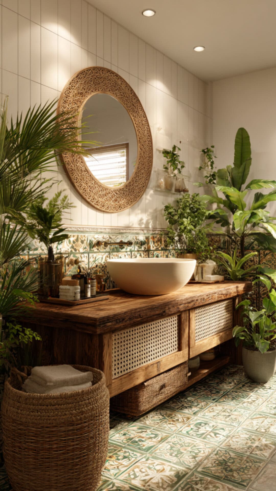 7. Boho Tropical Bathroom with Eclectic Charm