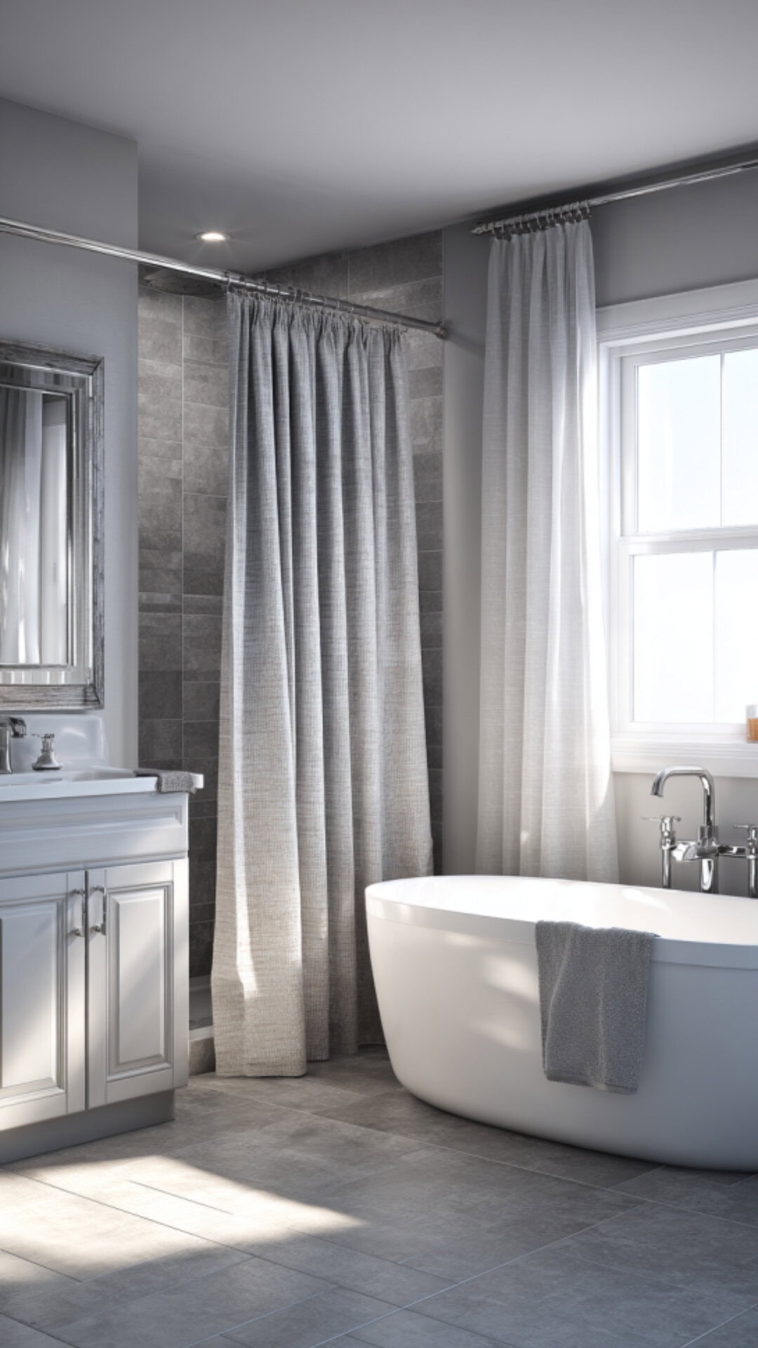 7. Gray Shower Curtain Bathroom with Subtle Balance