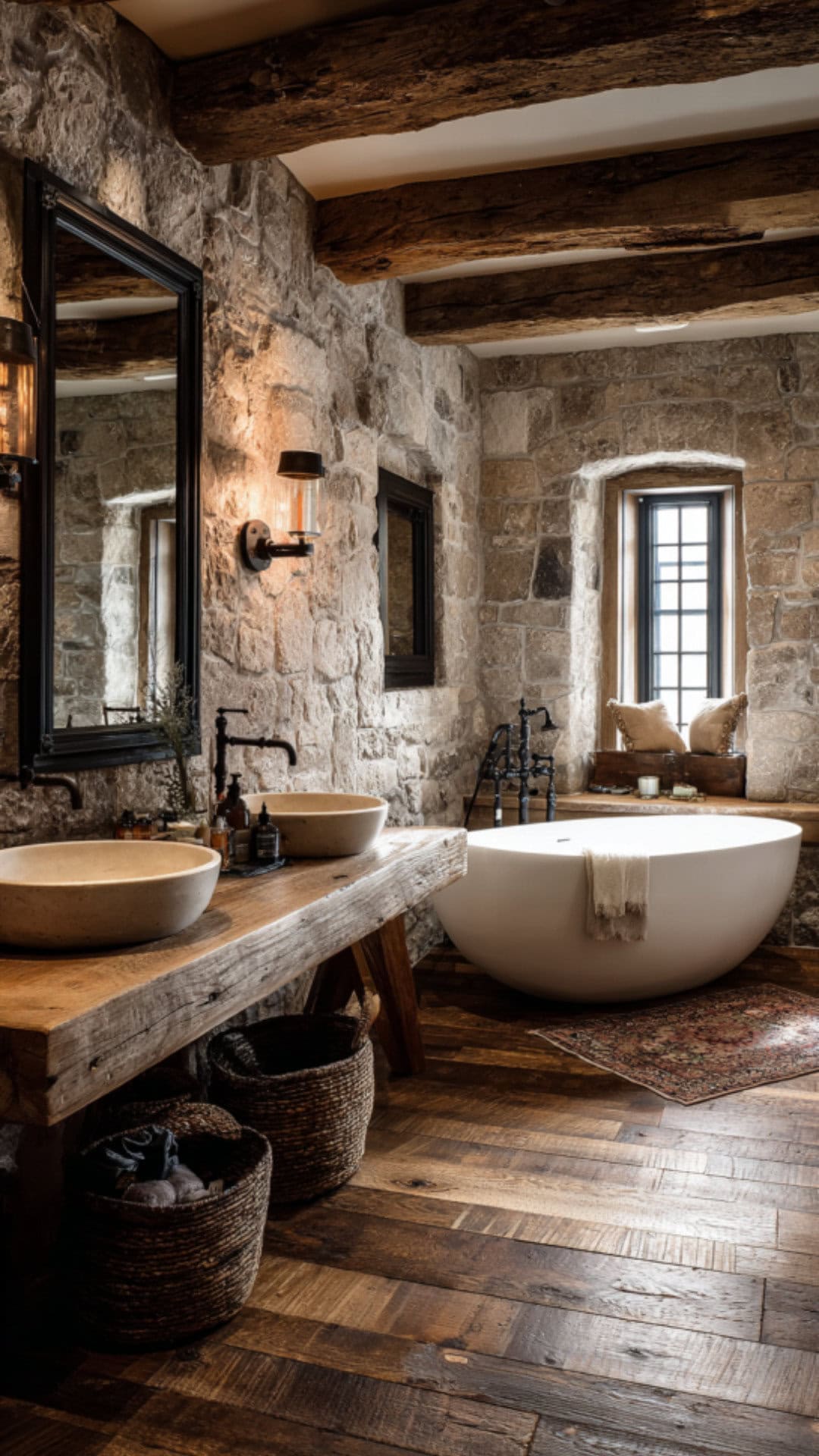 7. Stone and Wood Bathroom with Organic Warmth
