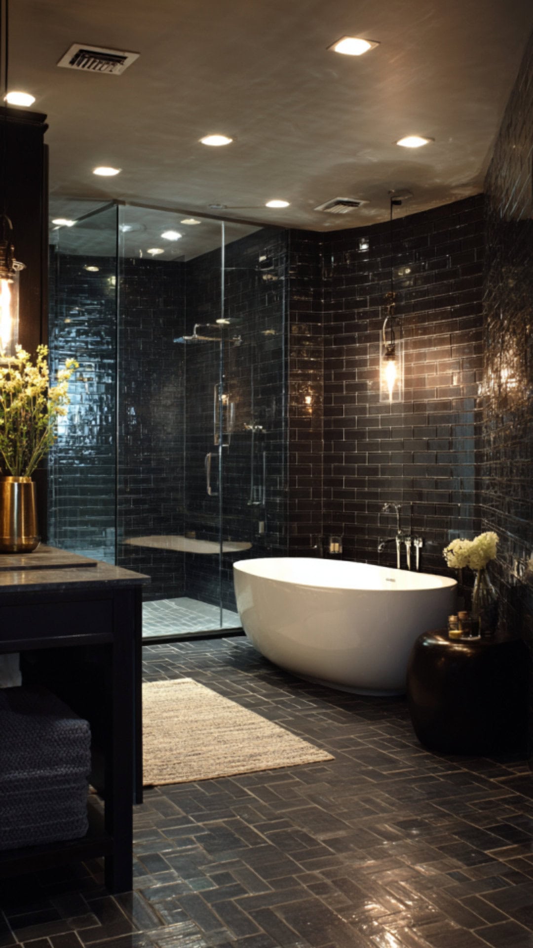 7. Dark Tiled Bathroom with Moody Sophistication