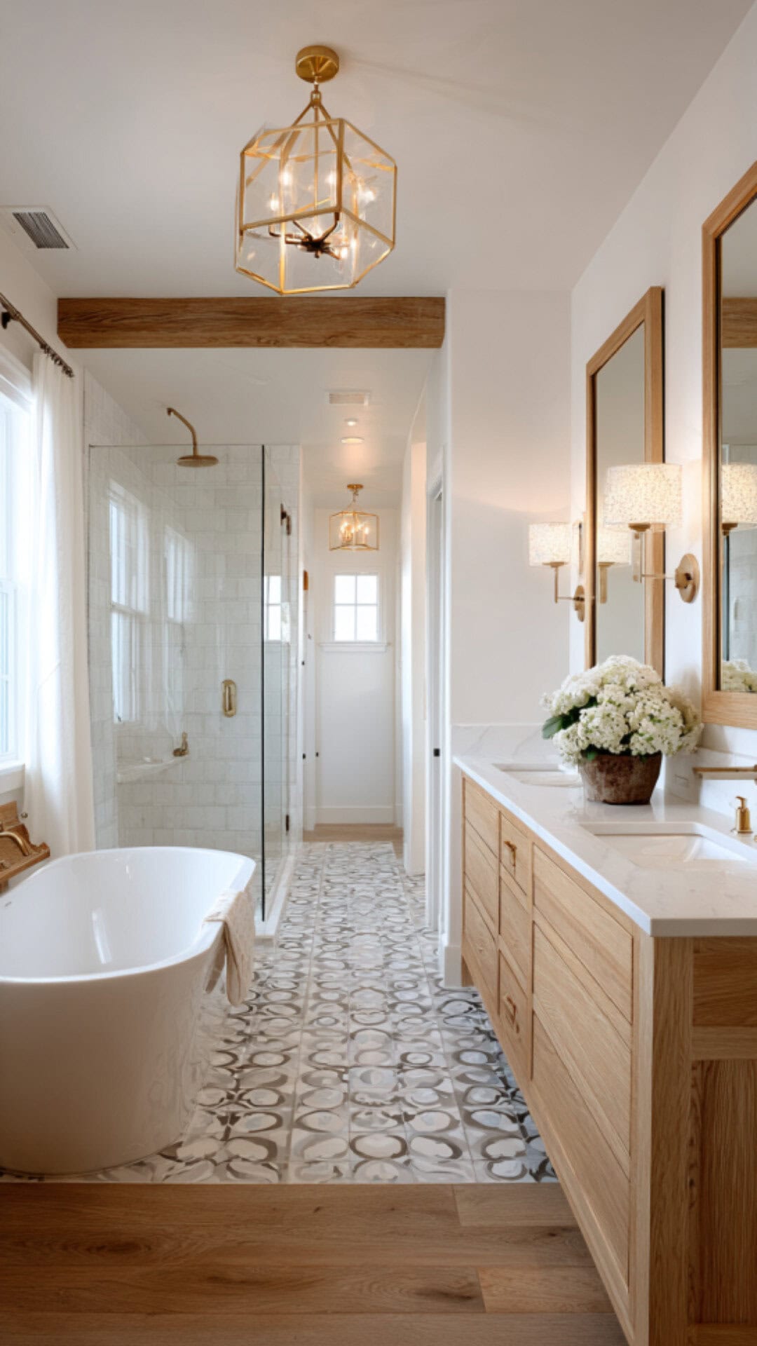 7. White Oak Double Vanity Bathroom with Organic Elegance