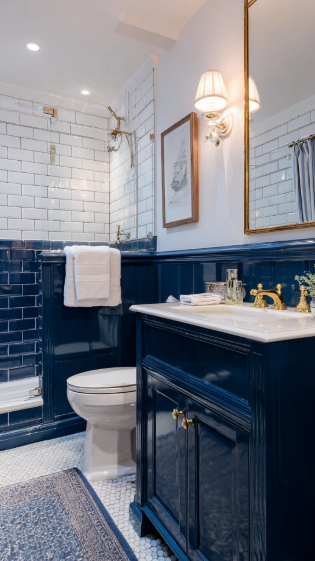 8. Navy Wainscoting Bathroom with Nautical Style
