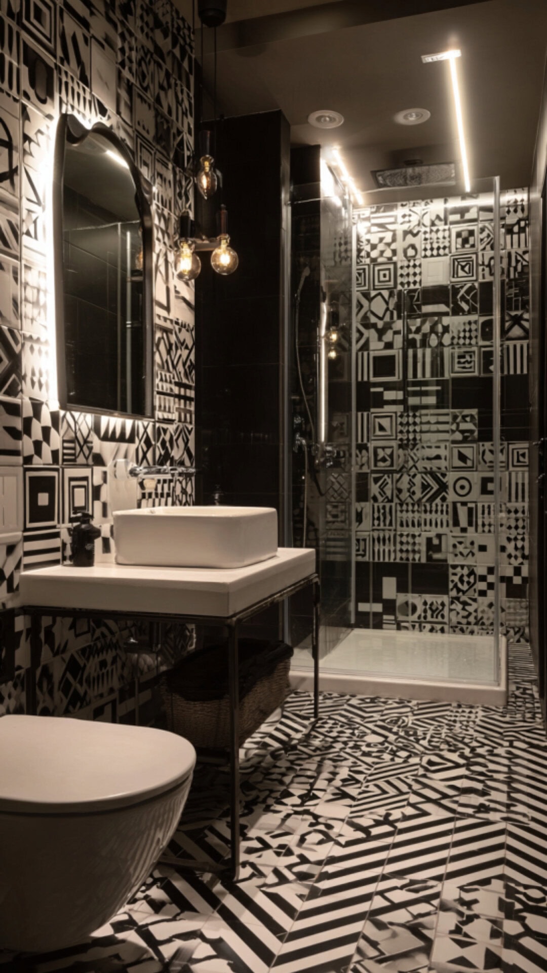 8. Black and White Funky Bathroom with Bold Patterns