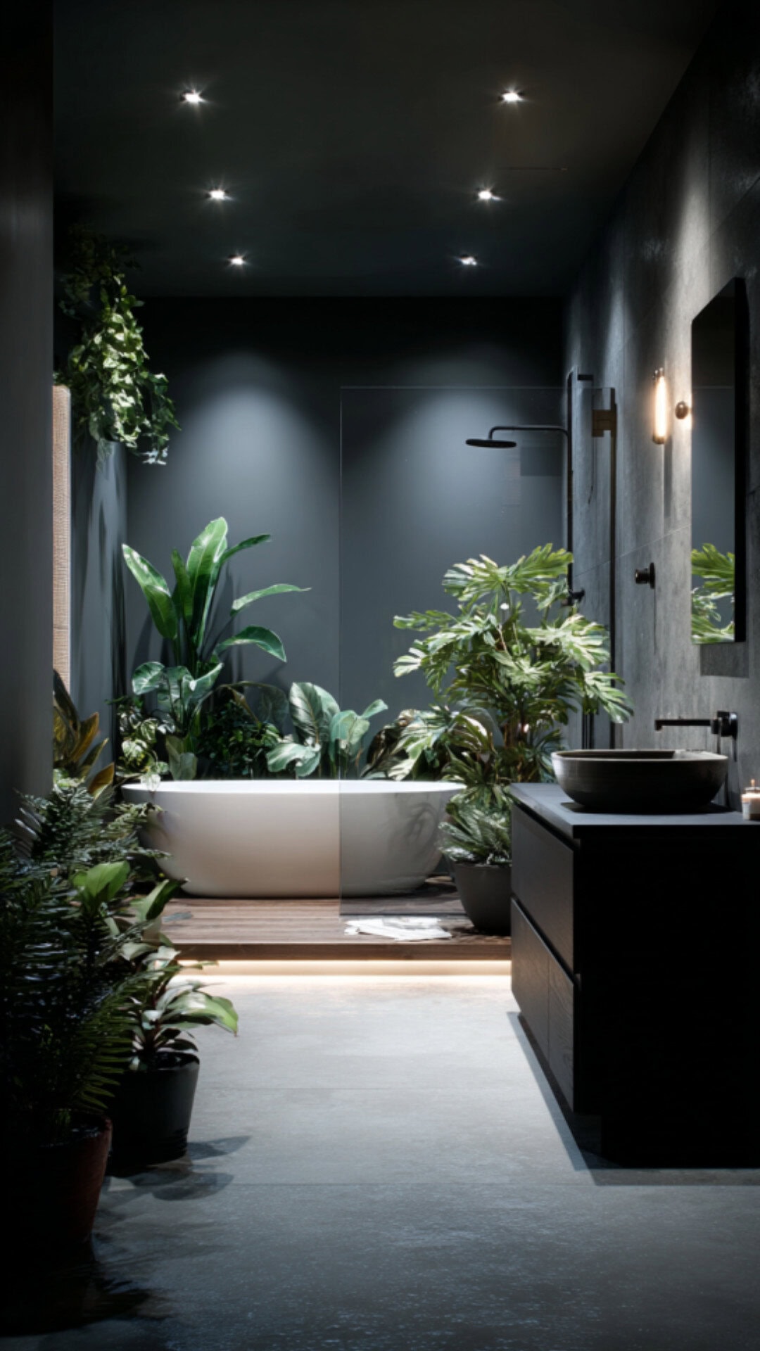 8. Dark Bathroom with Plants for Drama