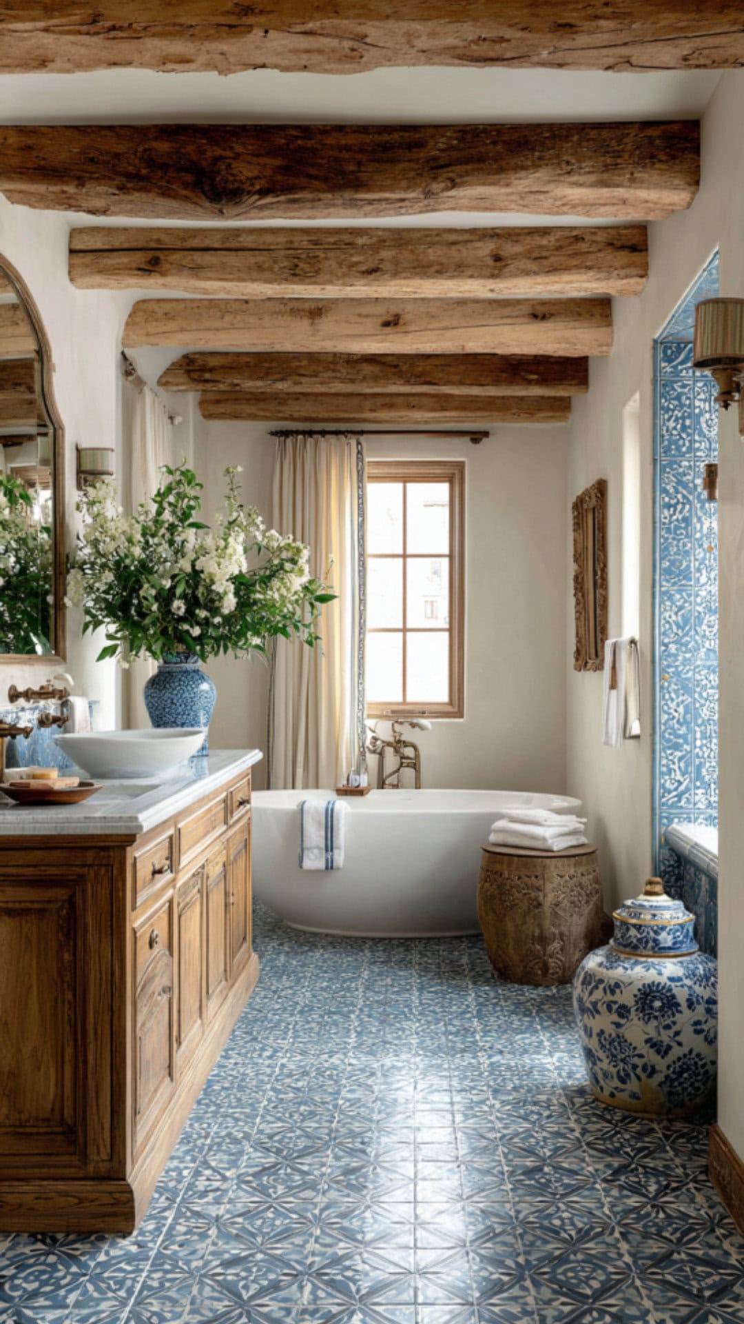 8. Blue and White French Country Bathroom with Classic Patterns