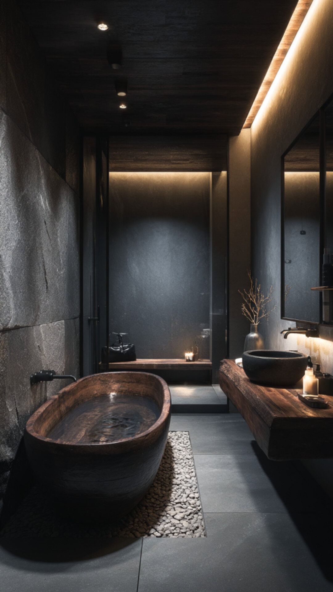 8. Dark Japanese Bathroom with Bold Sophistication