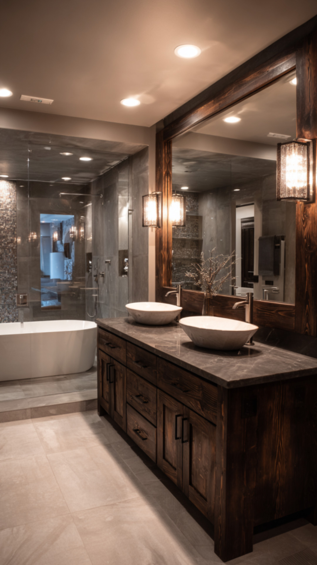 8. Dark Wood Double Sink Vanity Bathroom with Rich Character