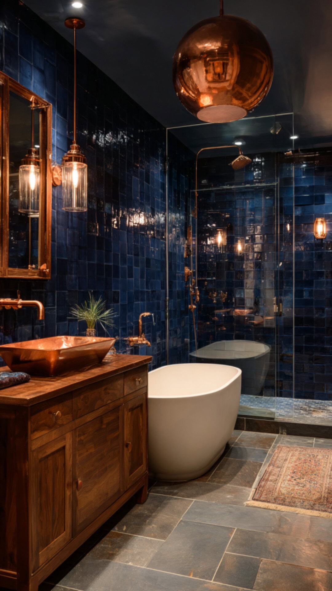 8. Navy Blue Bathroom with Copper Fixtures