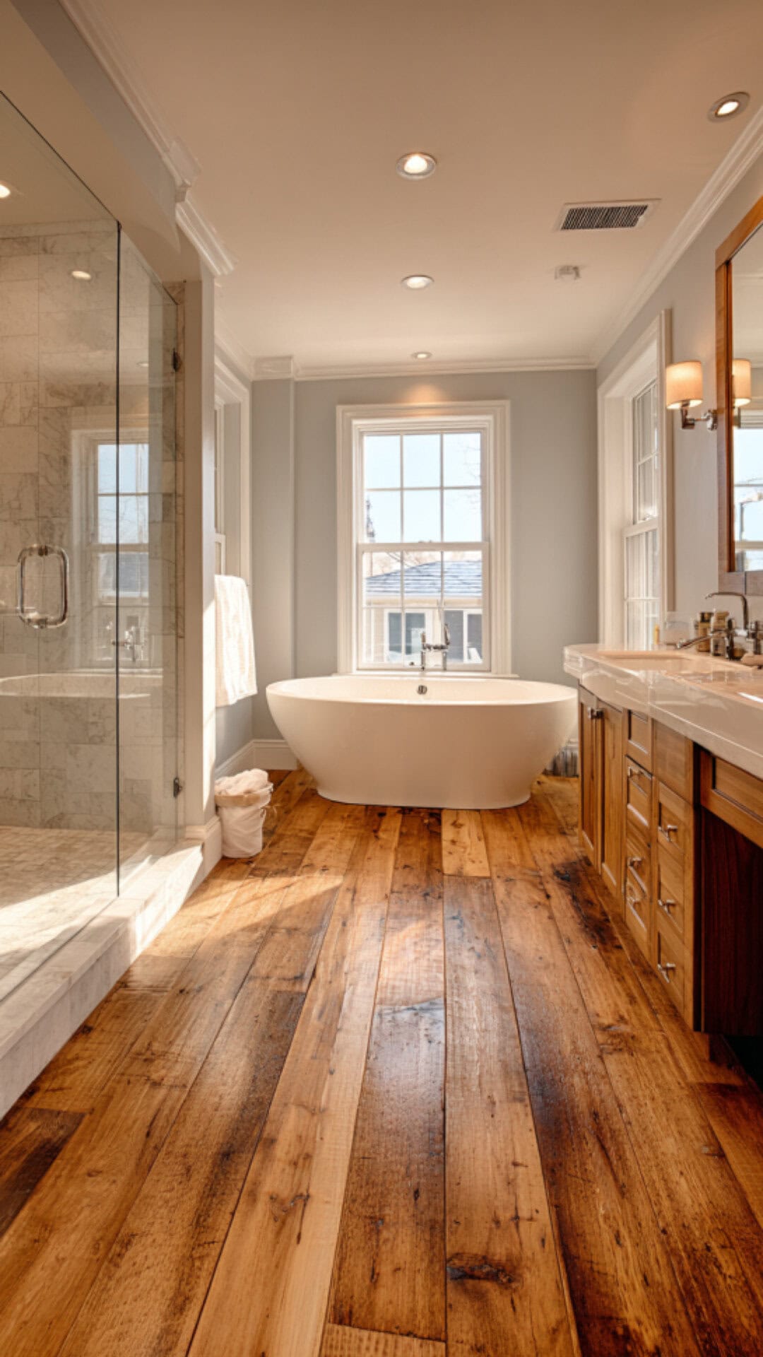 8. Bathroom with Wood Flooring for Natural Charm