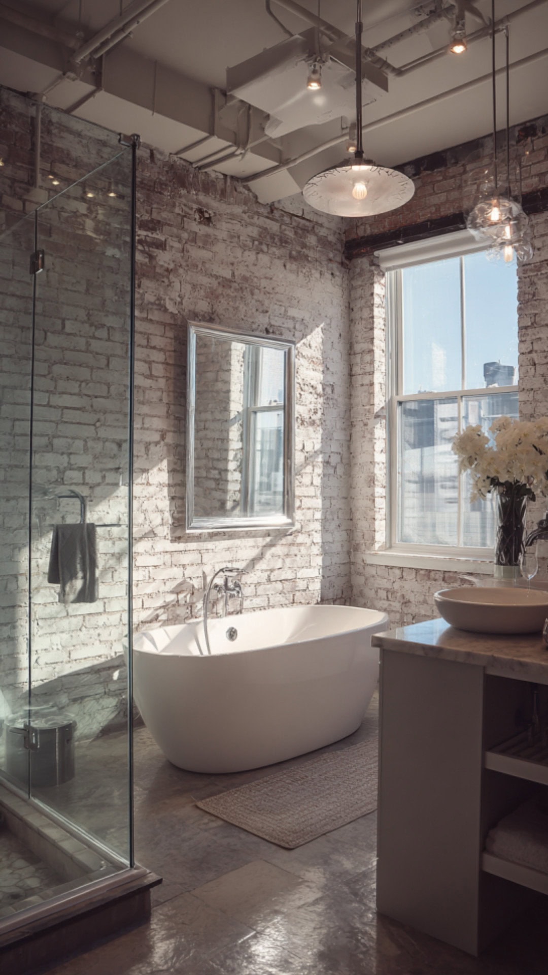 8. White Industrial Bathroom with Crisp Balance
