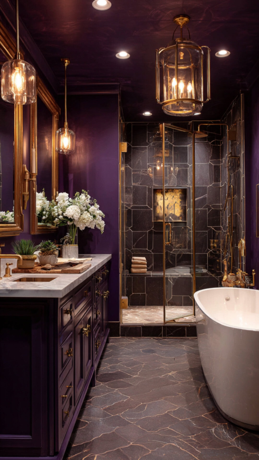 8. Gold and Purple Bathroom with Regal Flair