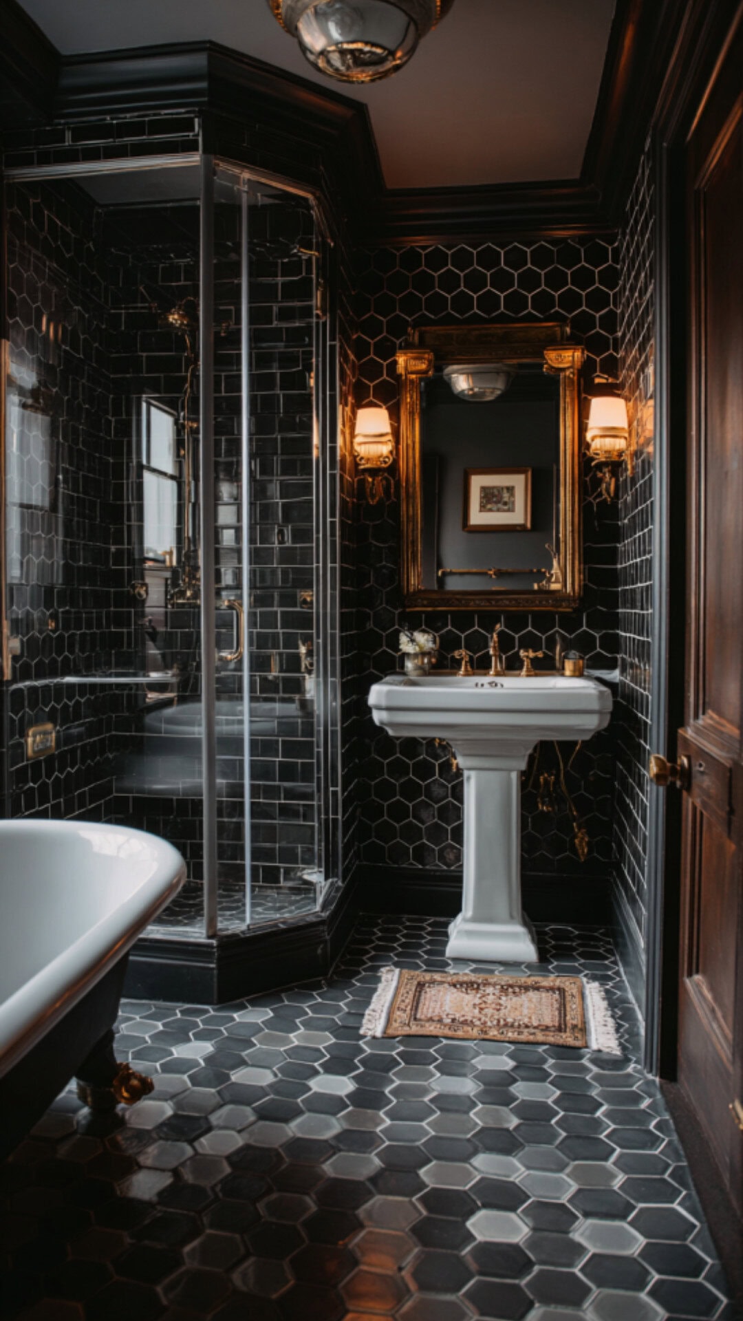 8. Vintage Hexagon Tile Bathroom with Retro Flair