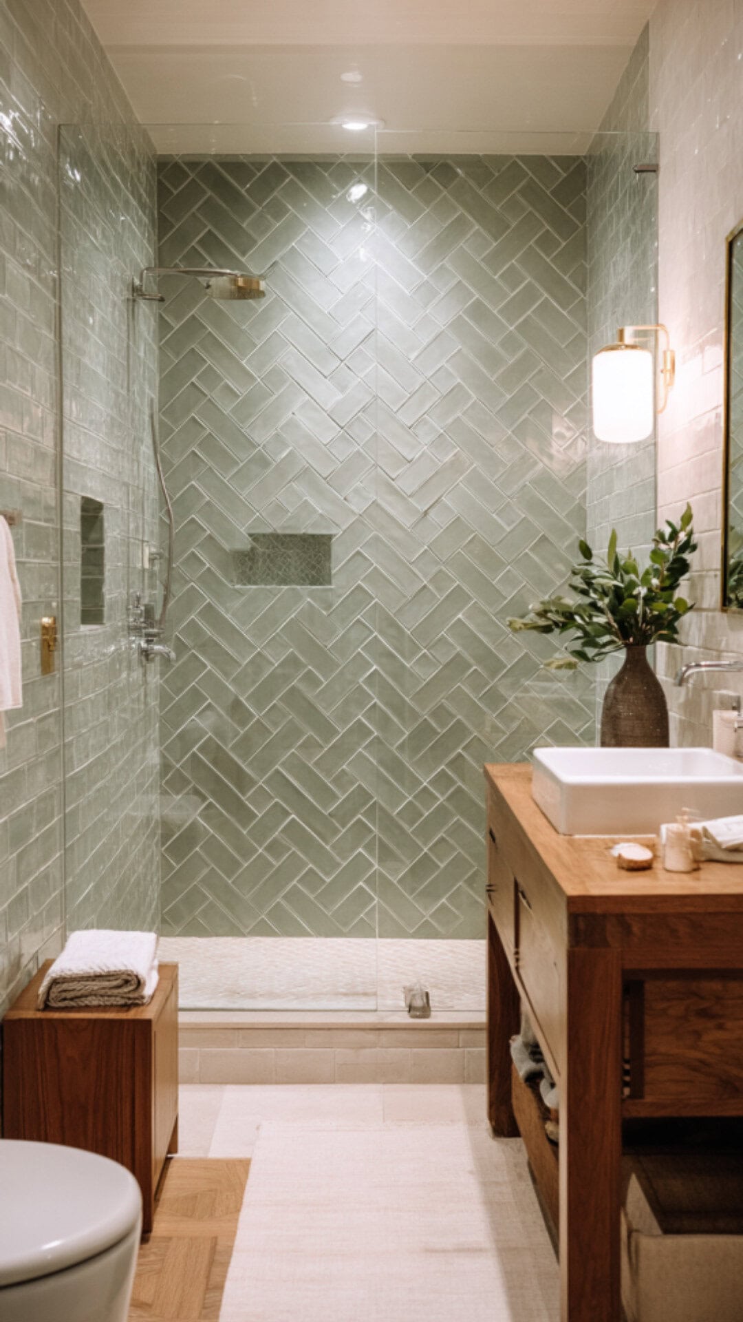 Herringbone Tile Bathroom Sage Green
