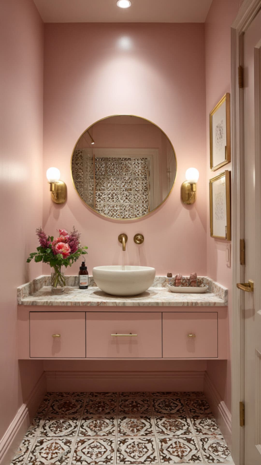 8. Pink Powder Bathroom with Playful Charm