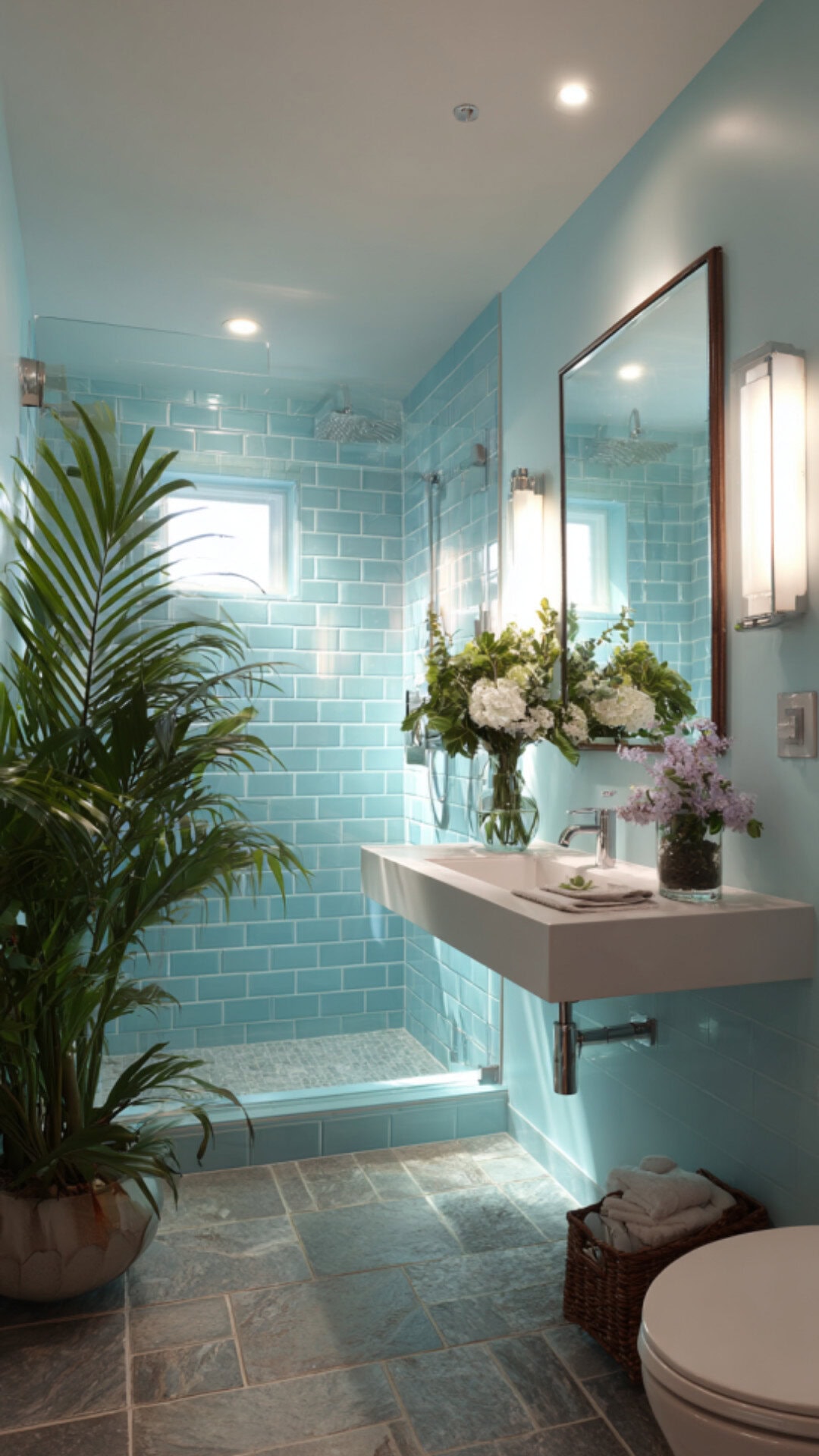8. Blue Tropical Bathroom with Coastal Serenity