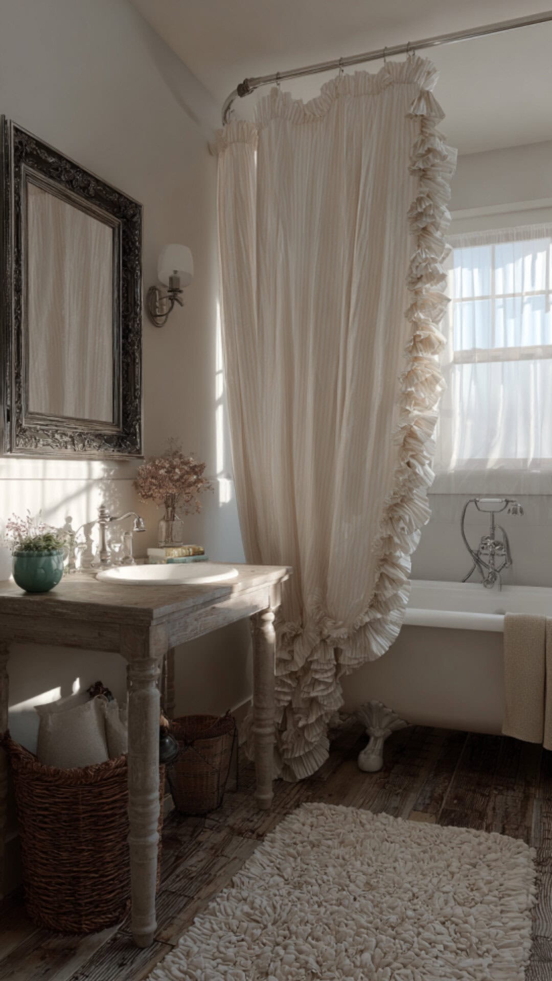 8. Ruffle Shower Curtain Bathroom with Feminine Detail