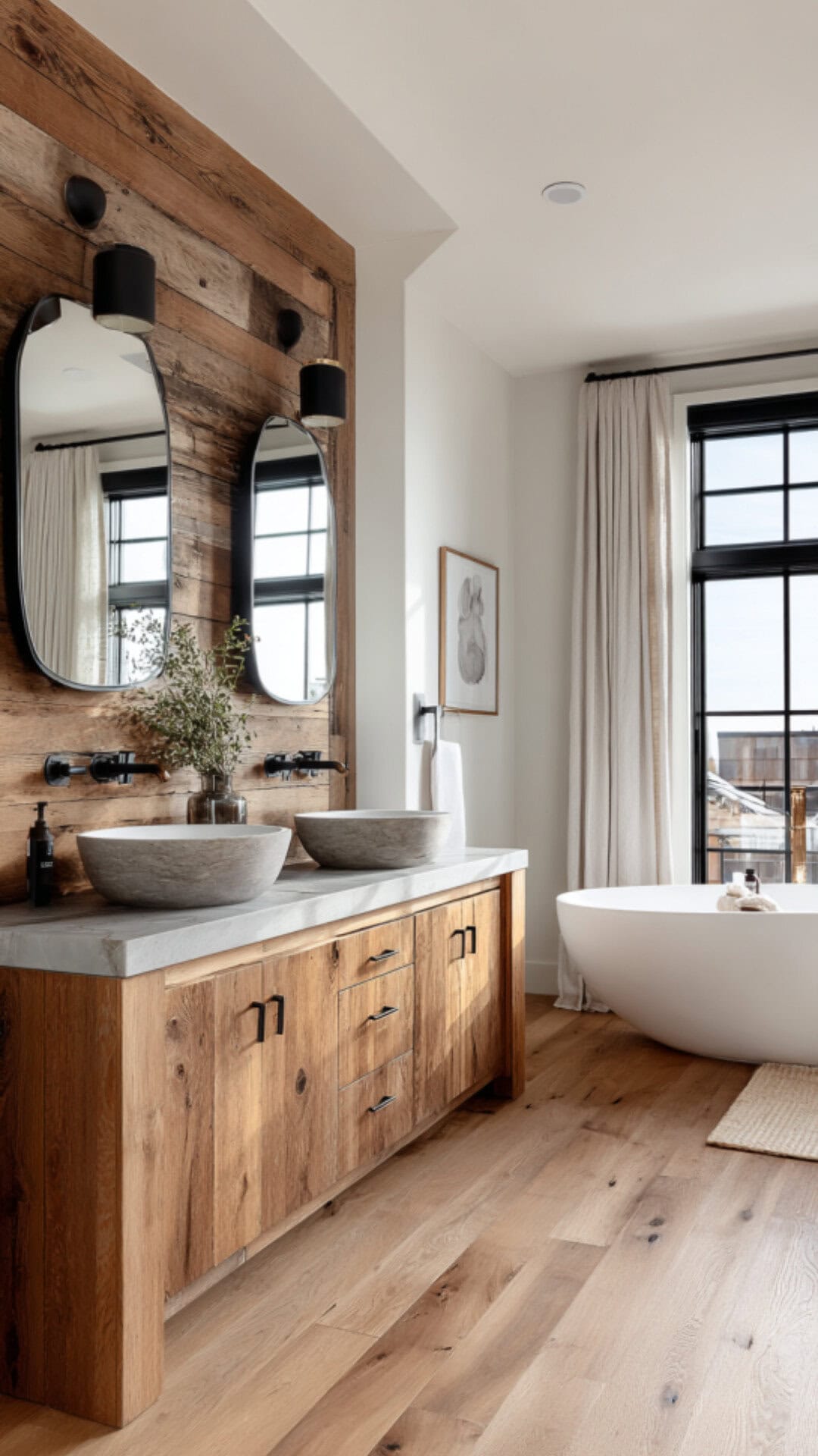 8. Wood Double Vanity Bathroom with Earthy Warmth