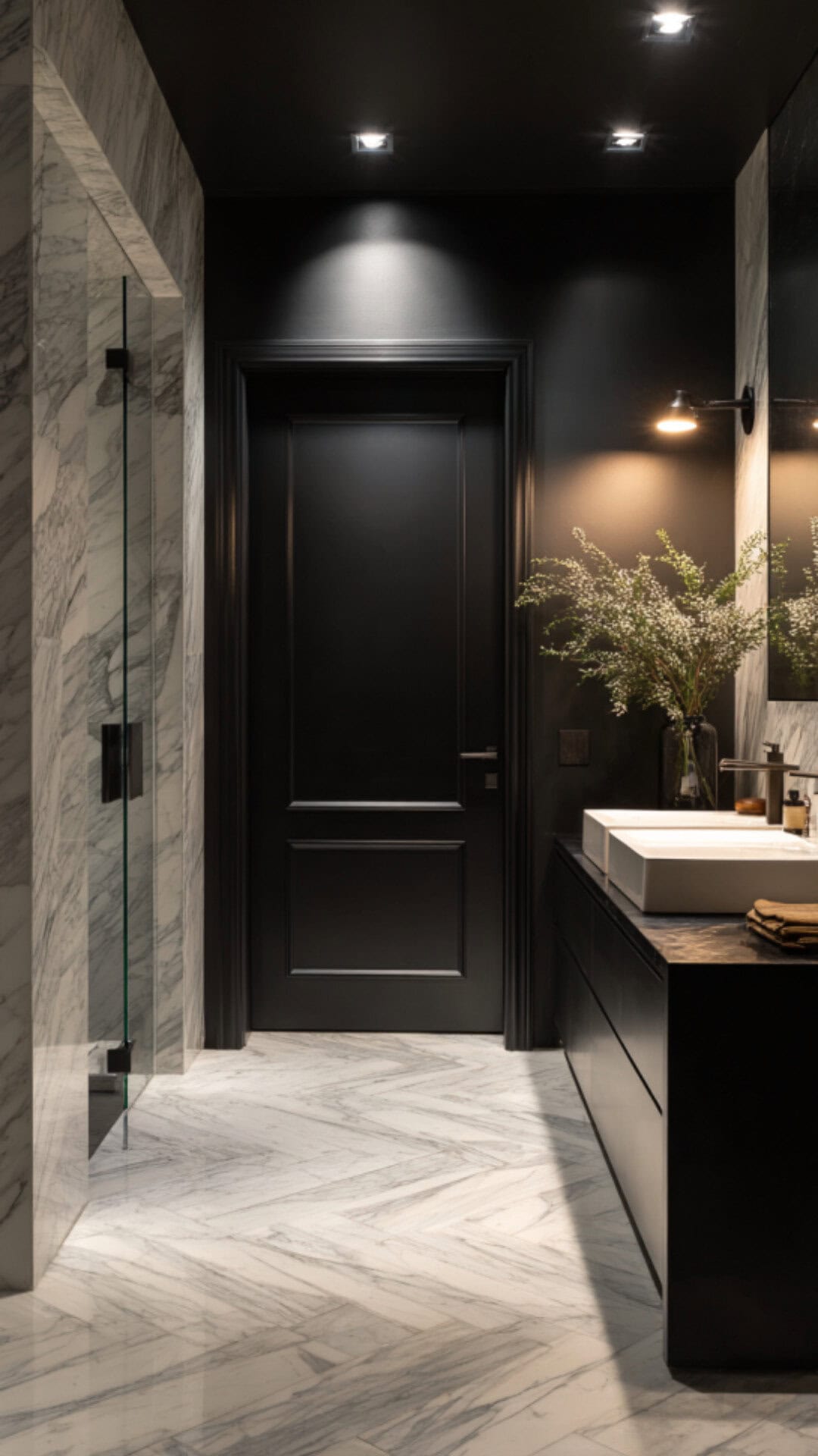 9. Black Bathroom Door with Bold Contrast