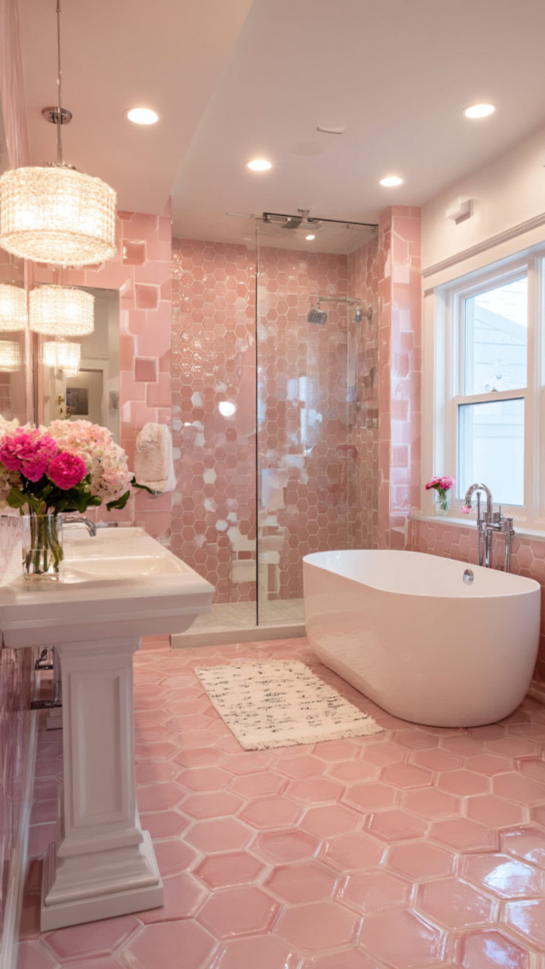 9. Pink Hexagon Tile Bathroom with Playful Warmth