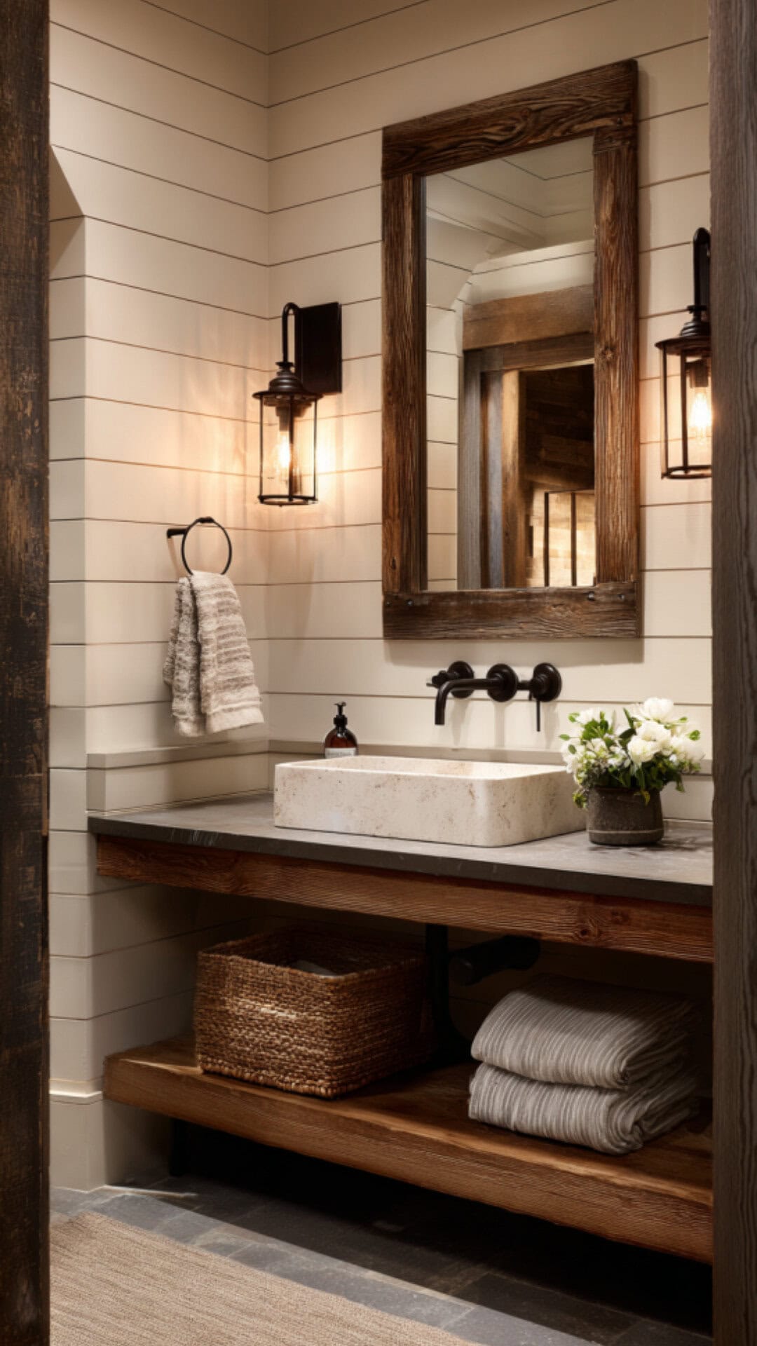 9. Farmhouse Powder Bathroom with Rustic Appeal