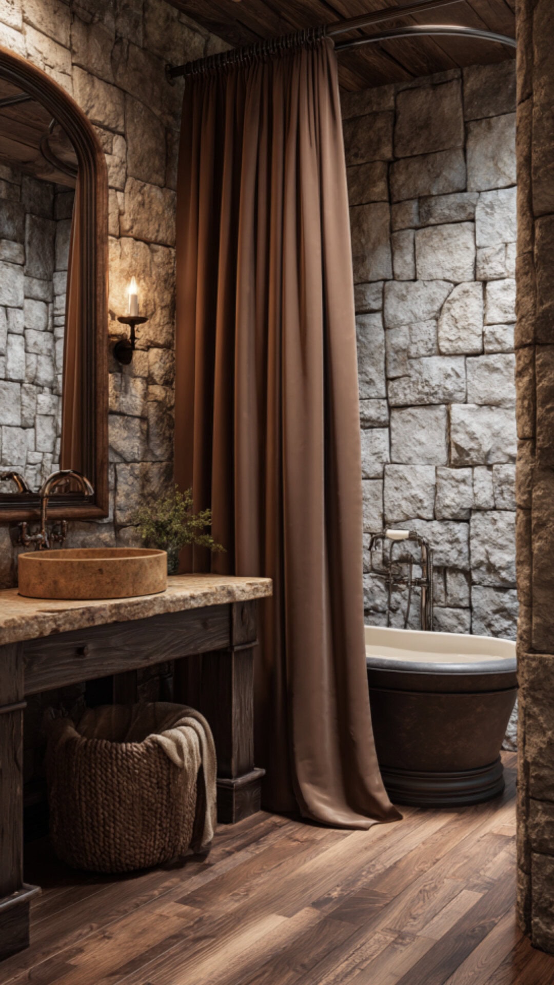 9. Brown Shower Curtain Bathroom with Earthy Warmth