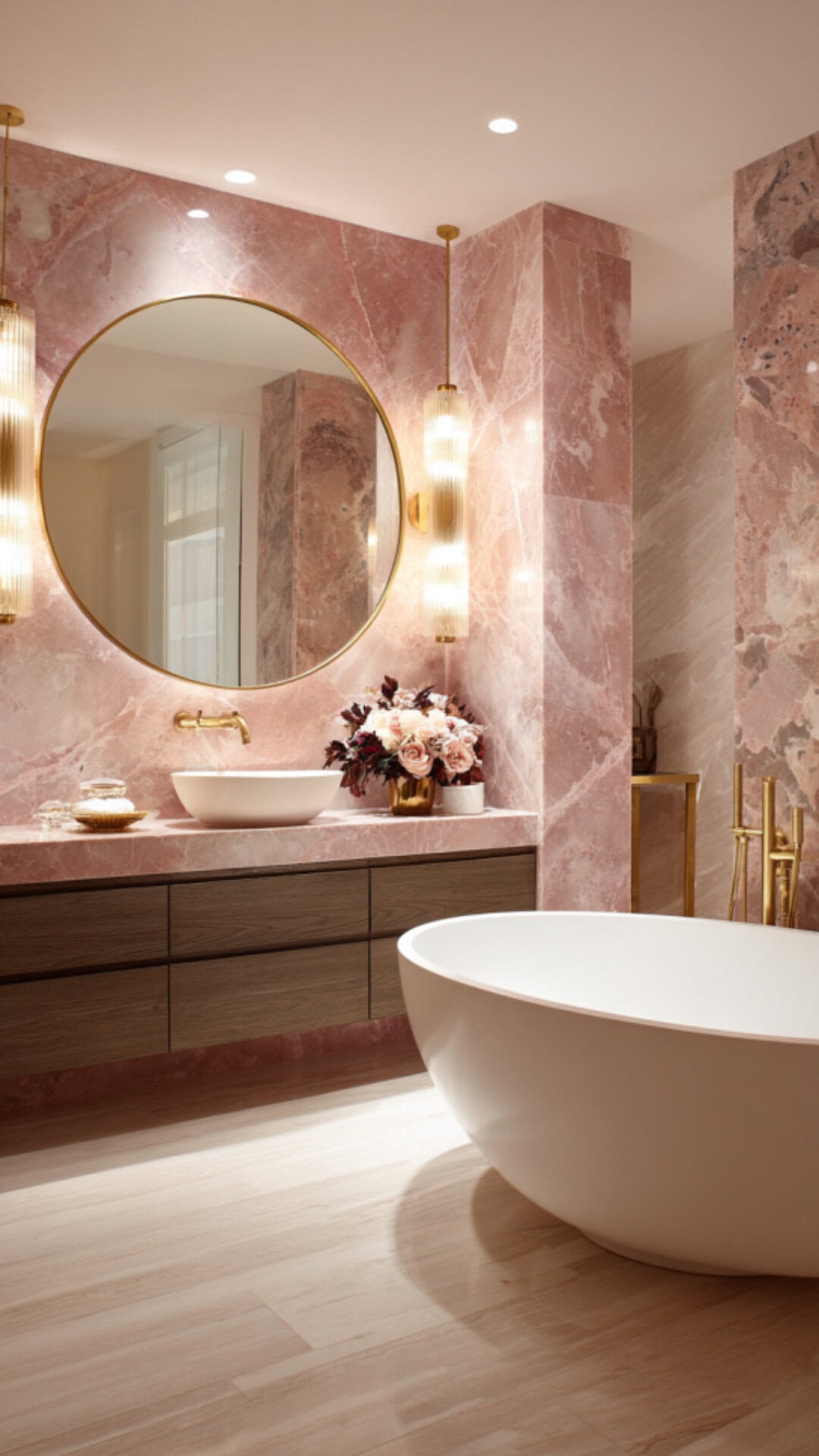9. Pink Stone Bathroom with Soft Charm