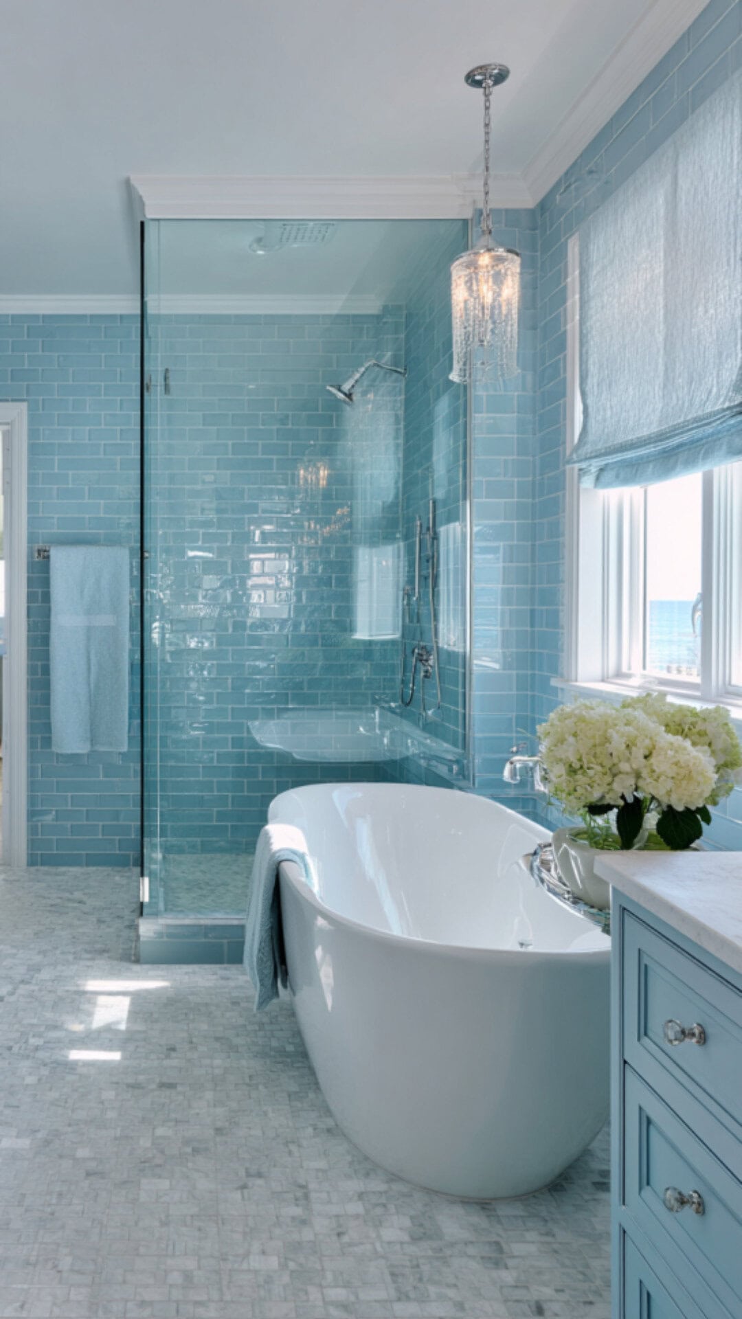 9. Light Blue Tiled Bathroom with Soft Tranquility