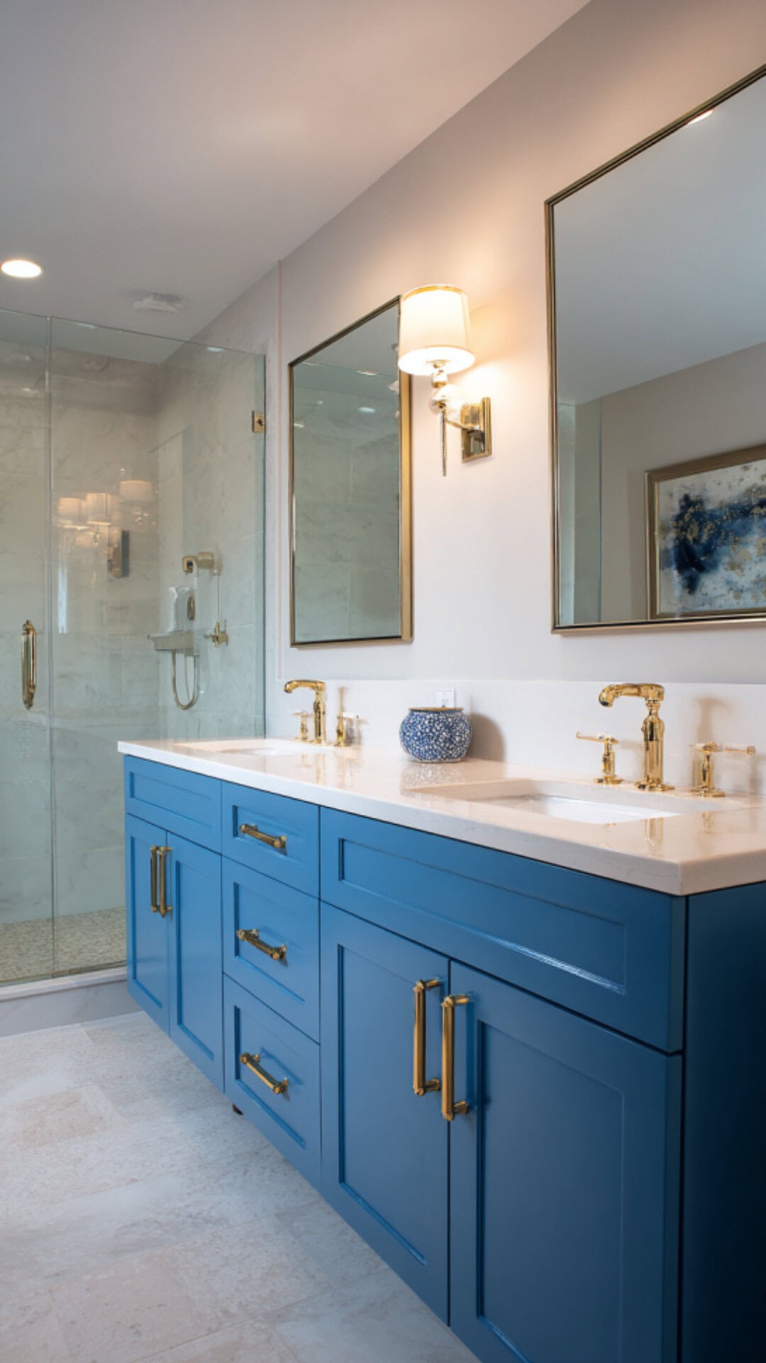 9. Blue Double Vanity Bathroom with Cool Sophistication