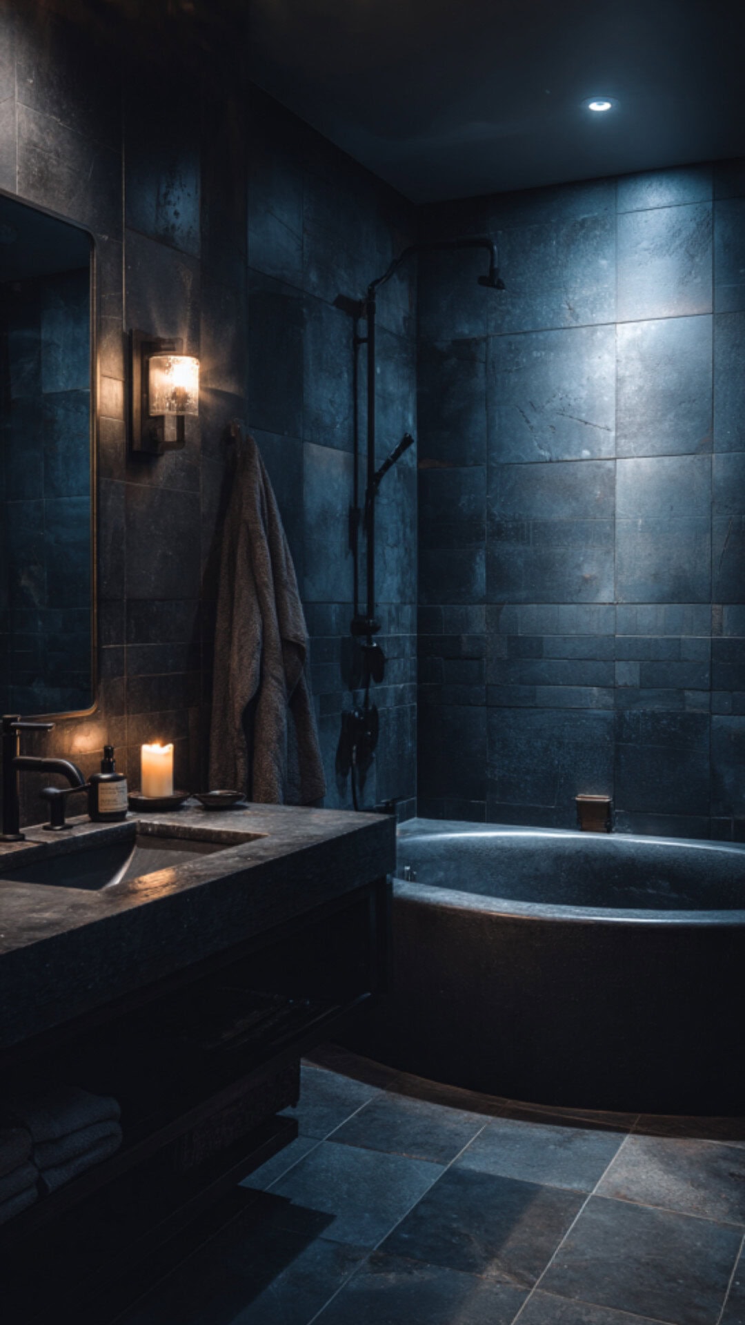 9. Dark Navy Bathroom with Moody Character