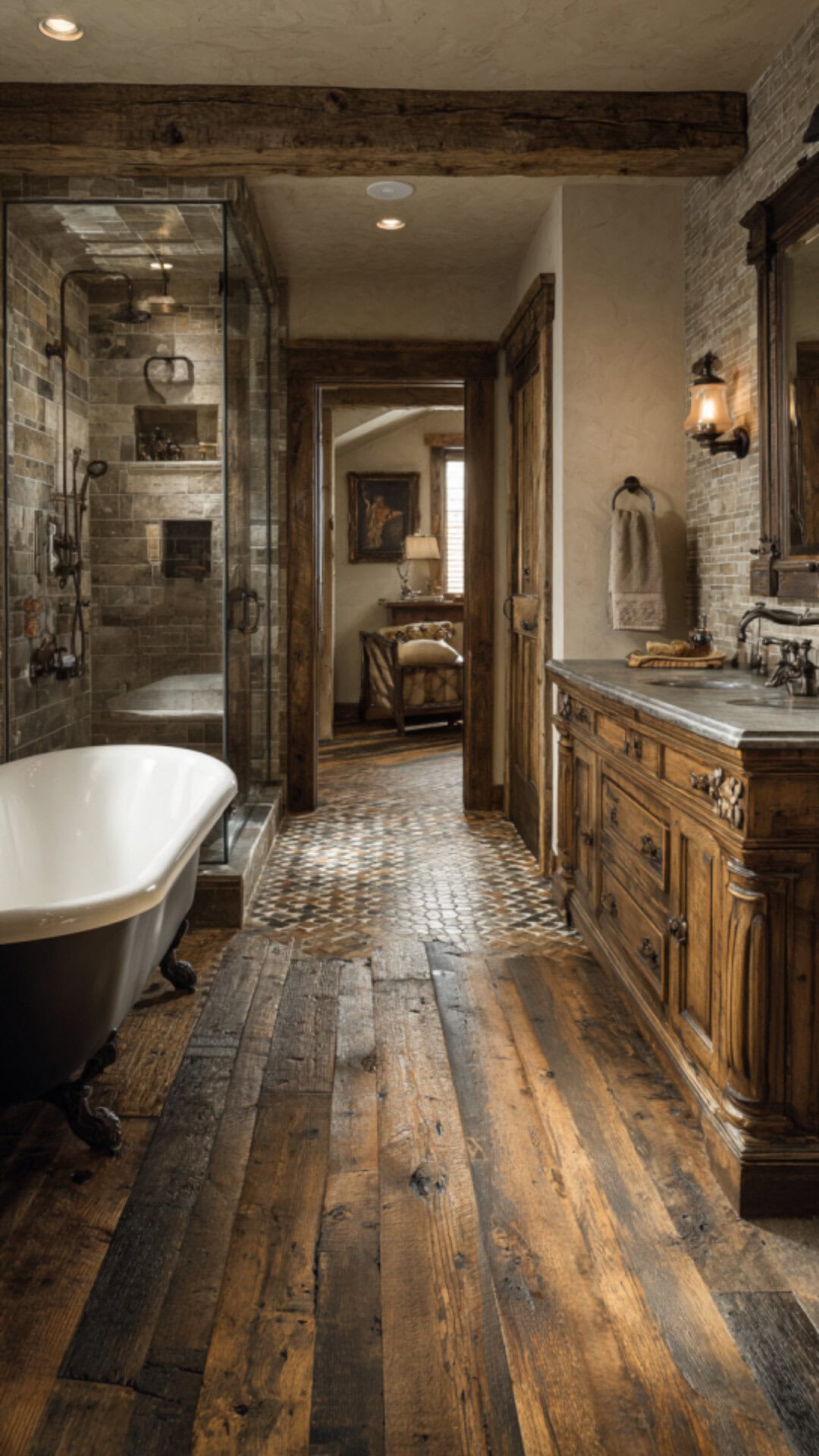 9. Bathroom with Rustic Flooring for Old-World Charm