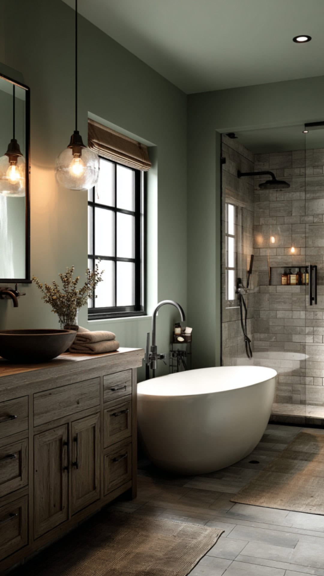 9. Green Industrial Bathroom with Natural Freshness