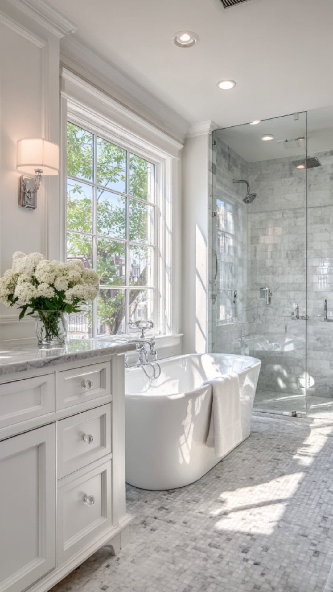 9. White Traditional Bathroom with Bright Balance