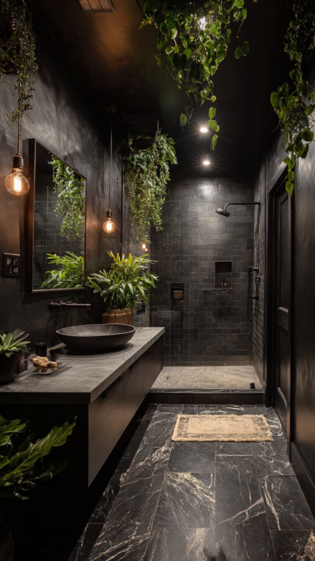 9. Black Tropical Bathroom with Bold Elegance