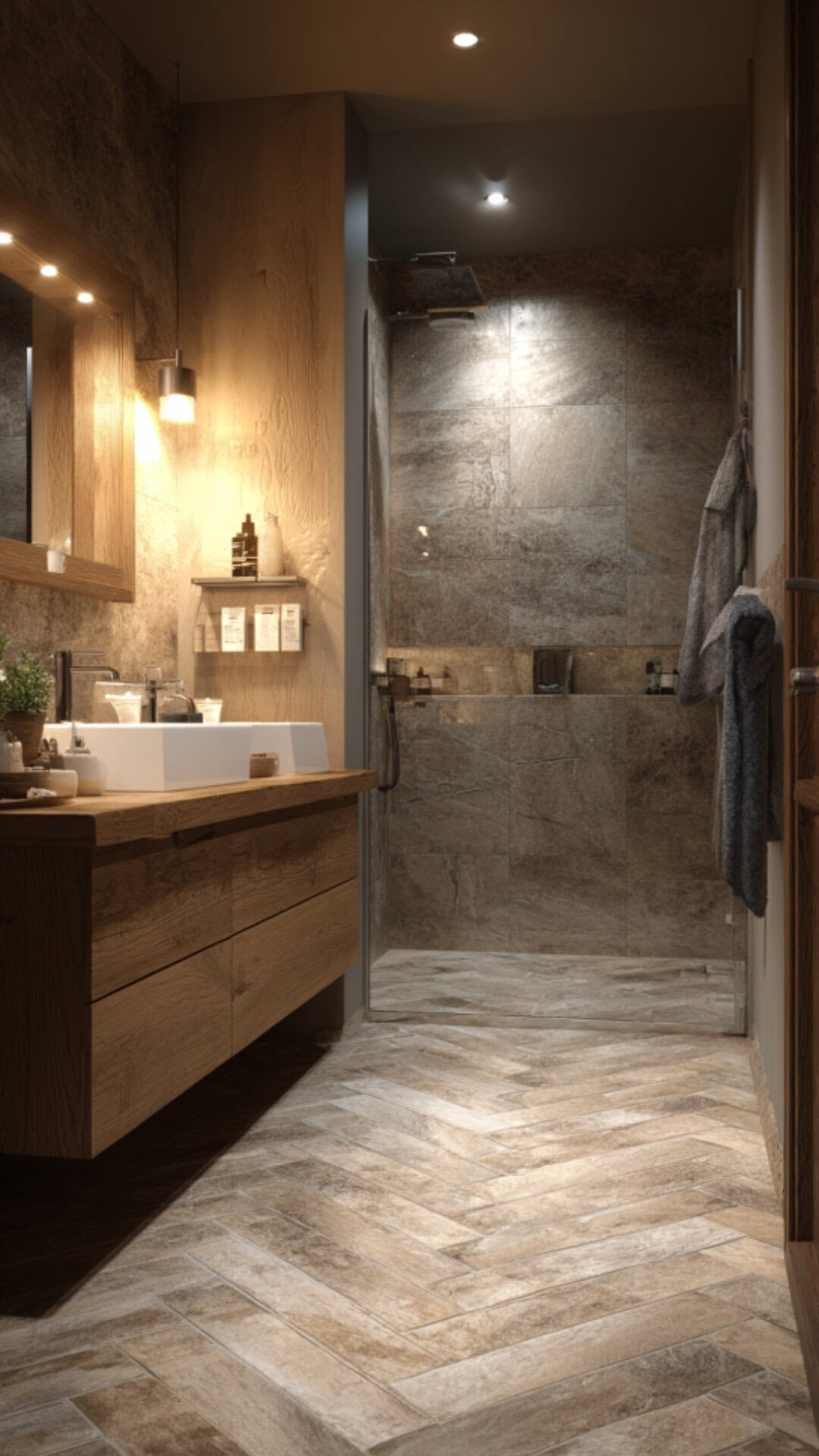 9. French Pattern Travertine Bathroom