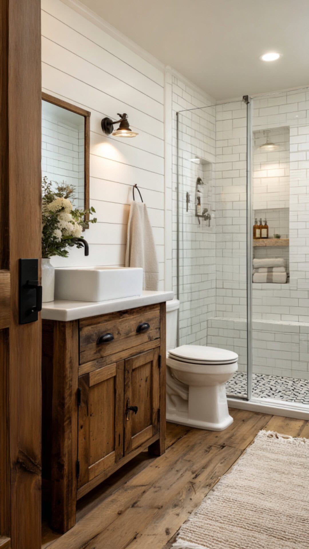 9. Farmhouse Bathroom Shower with White Shiplap Walls