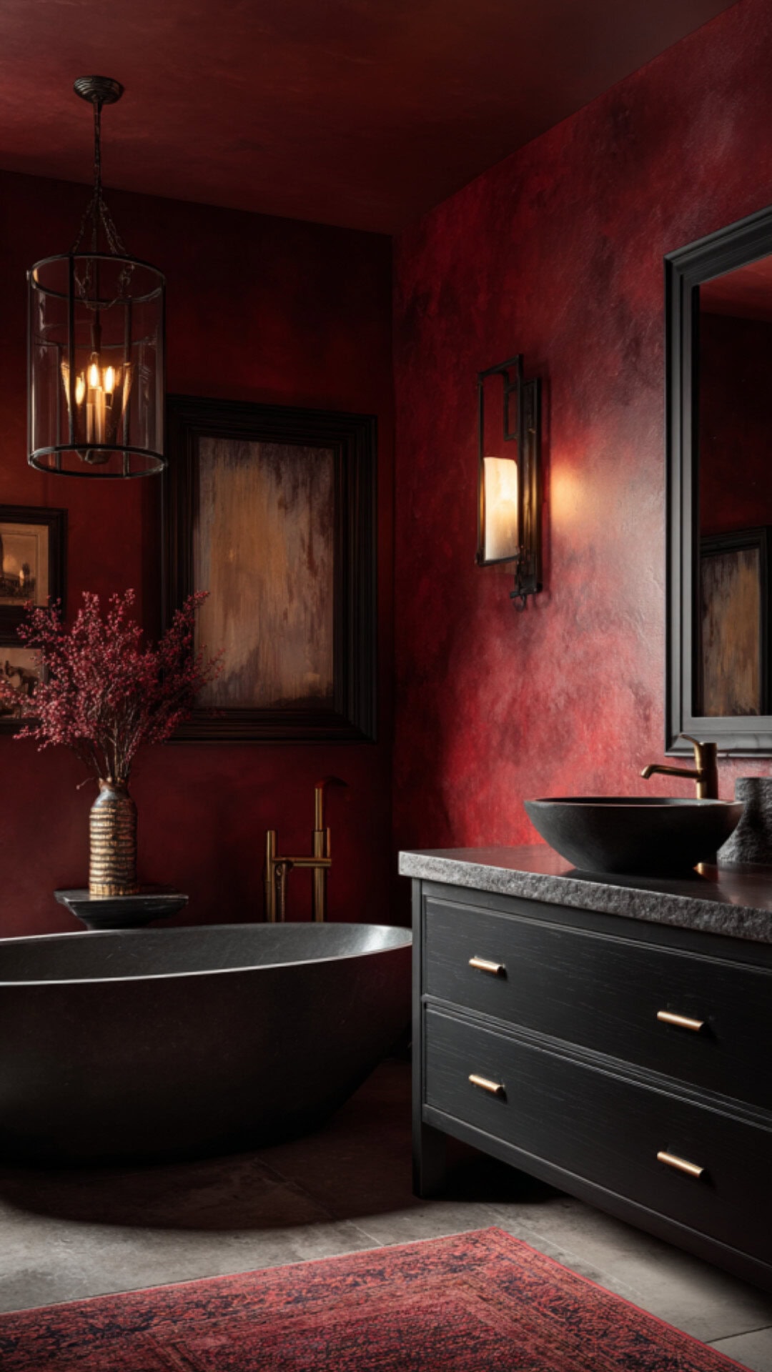 9. Moody Red Bathroom for Dramatic Style