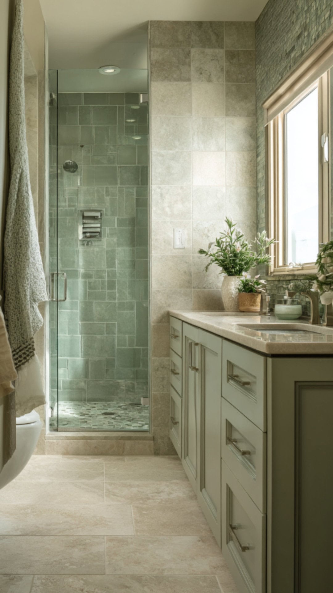 9. Green and Neutral Bathroom for Fresh Balance