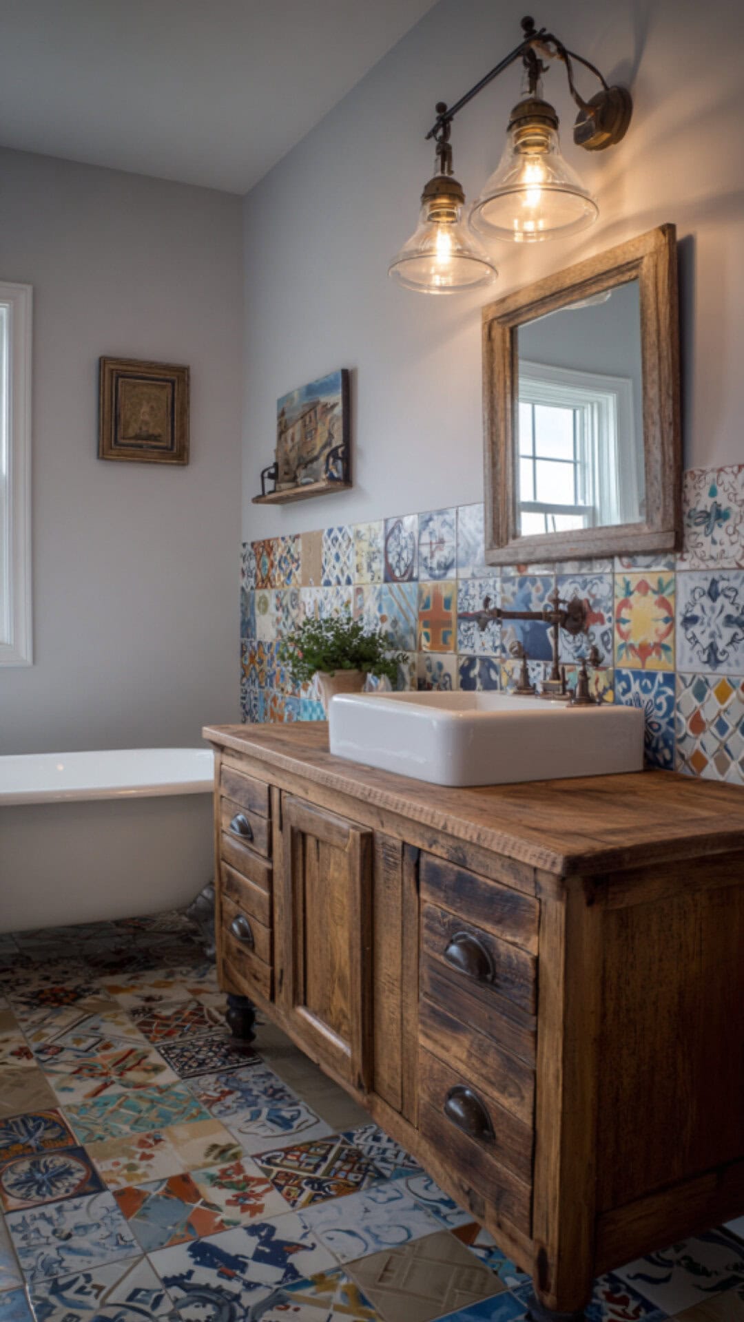 9. Colorful Farmhouse Bathroom with Rustic Warmth